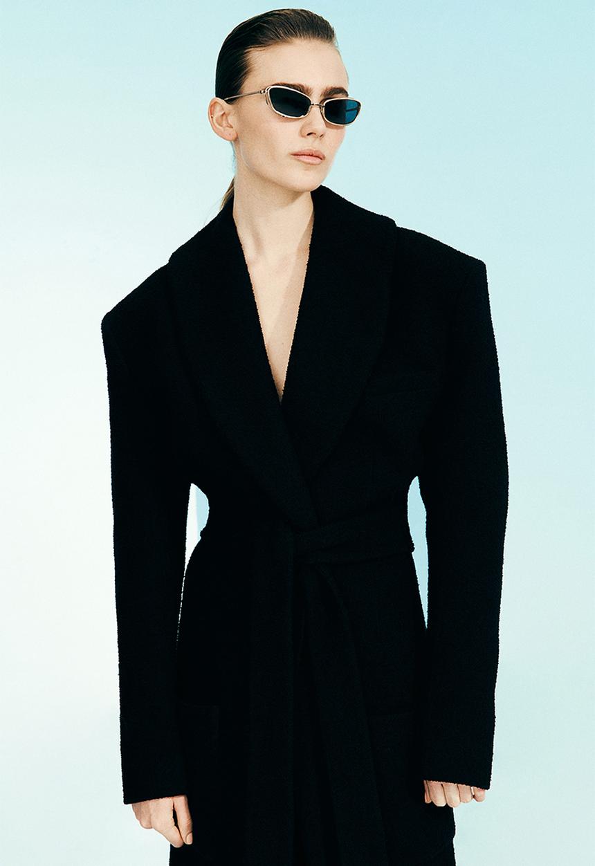 H&M - H&M Studio: Tie-belt bouclé-weave coat - black