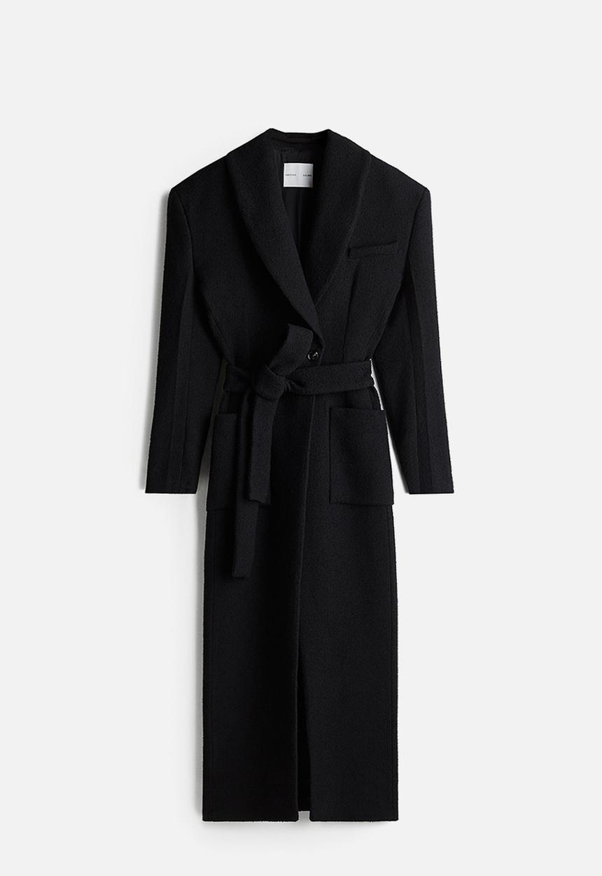 H&M - H&M Studio: Tie-belt bouclé-weave coat - black