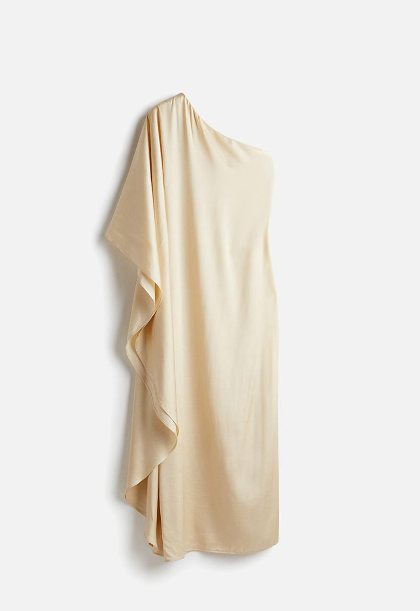 H&M - One-shoulder cape-sleeve dress - pale yellow