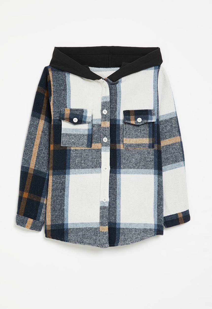 Pop Candy - Hooded tartan overshirt - blue & ecru