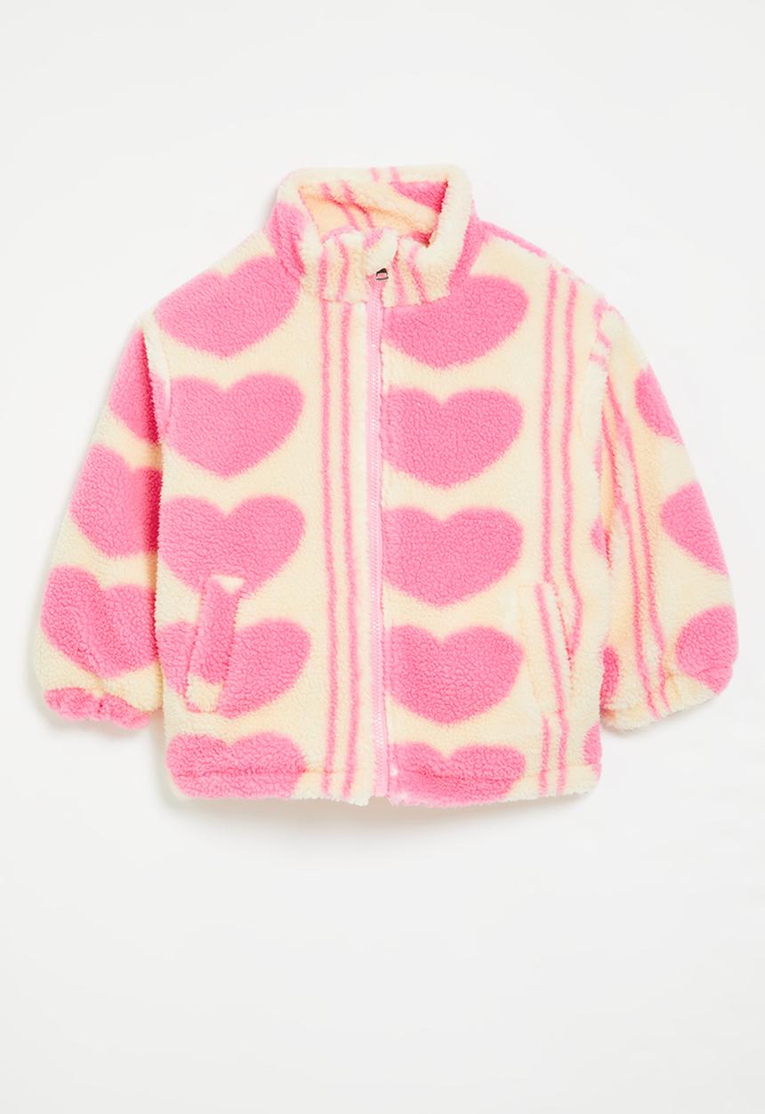 Pop Candy - Heart print fleece jacket - pink & ecru