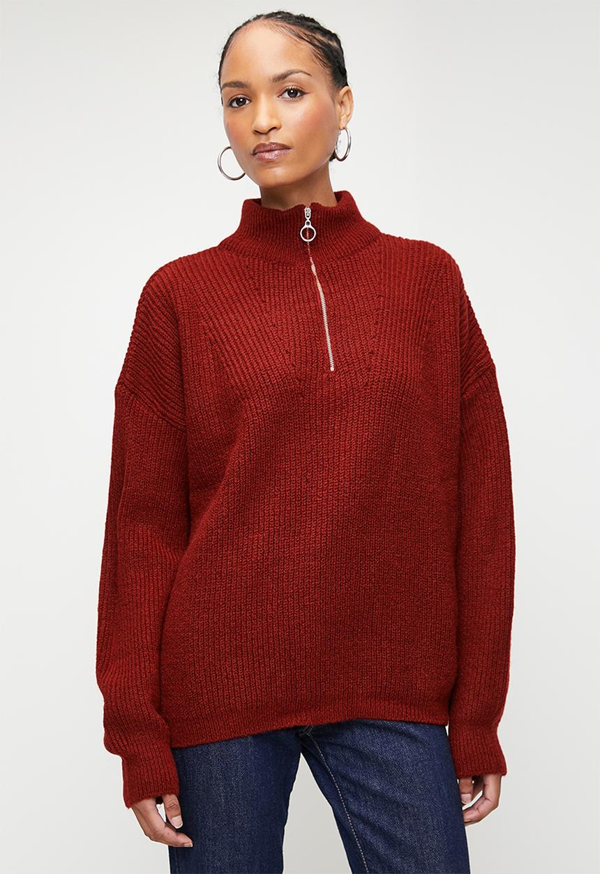 Trendyol - Soft textured zipper knitwear sweater - red