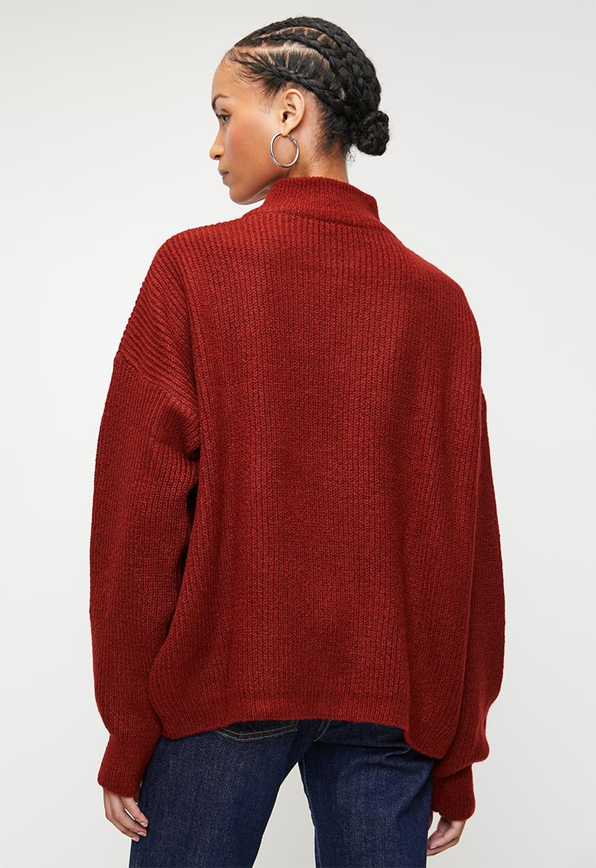 Trendyol - Soft textured zipper knitwear sweater - red