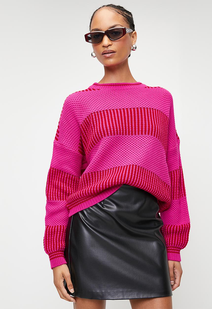 Trendyol - Wide Pattern Striped Knitted Sweater - Fuchsia 