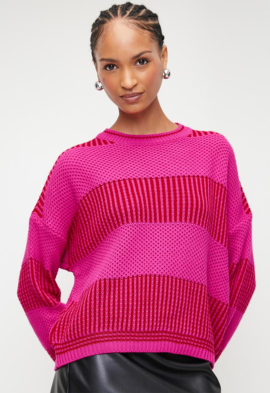 Trendyol - Wide Pattern Striped Knitted Sweater - Fuchsia 