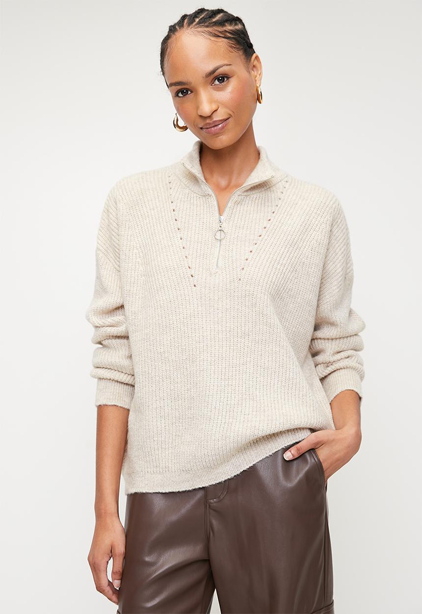 Trendyol - Soft textured zipper knitwear sweater - taupe