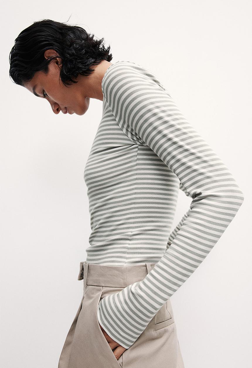H&M - Ribbed jersey top - sage green/striped