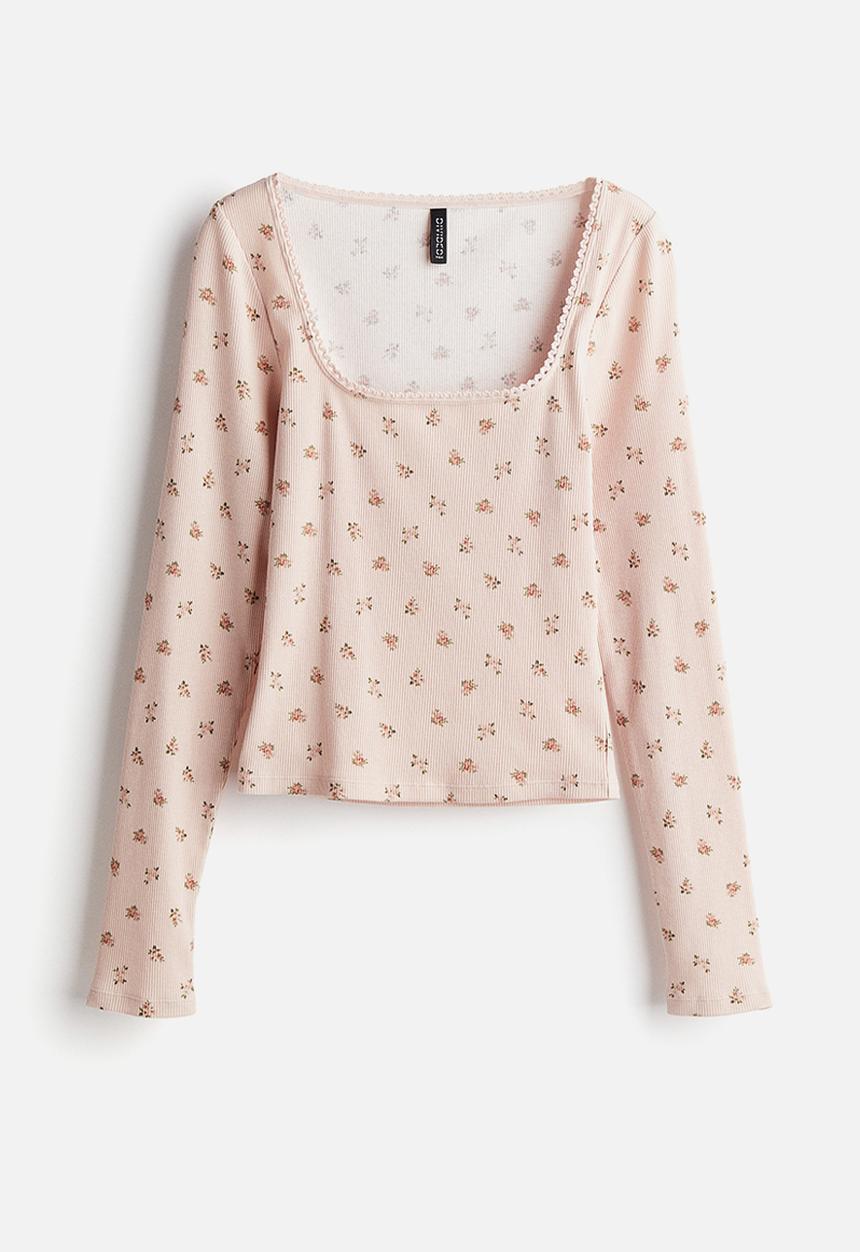 H&M - Picot-trimmed cotton top - light pink floral 