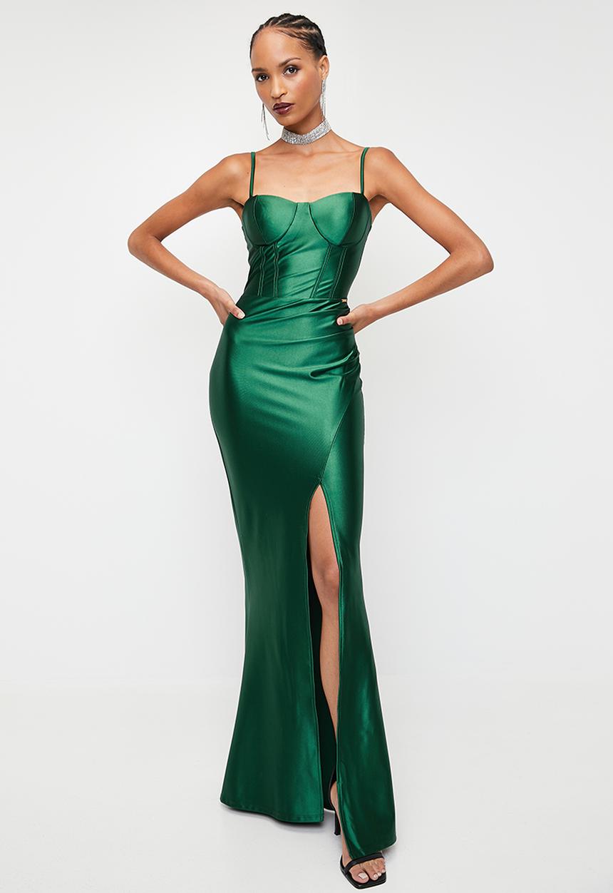 SISSY BOY - MUST BE THE LIFE: Shiny Caged Corset  Maxi  - Bottle Green