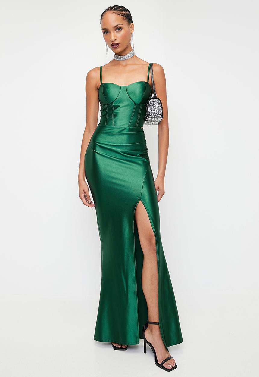 SISSY BOY - MUST BE THE LIFE: Shiny Caged Corset  Maxi  - Bottle Green