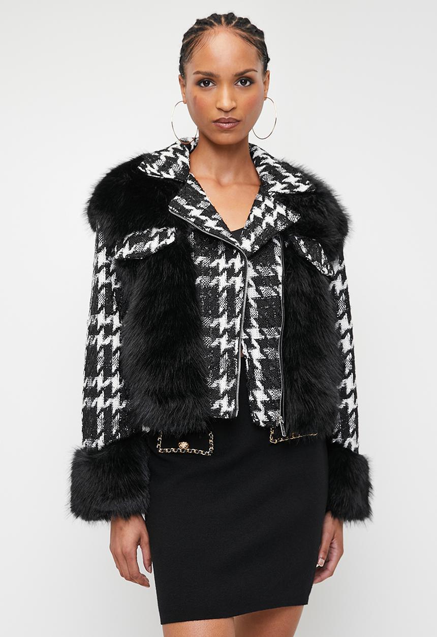 SISSY BOY - HOUNDING YOU: Houndstooth And Faux Fur Combination Jacket - Black / White