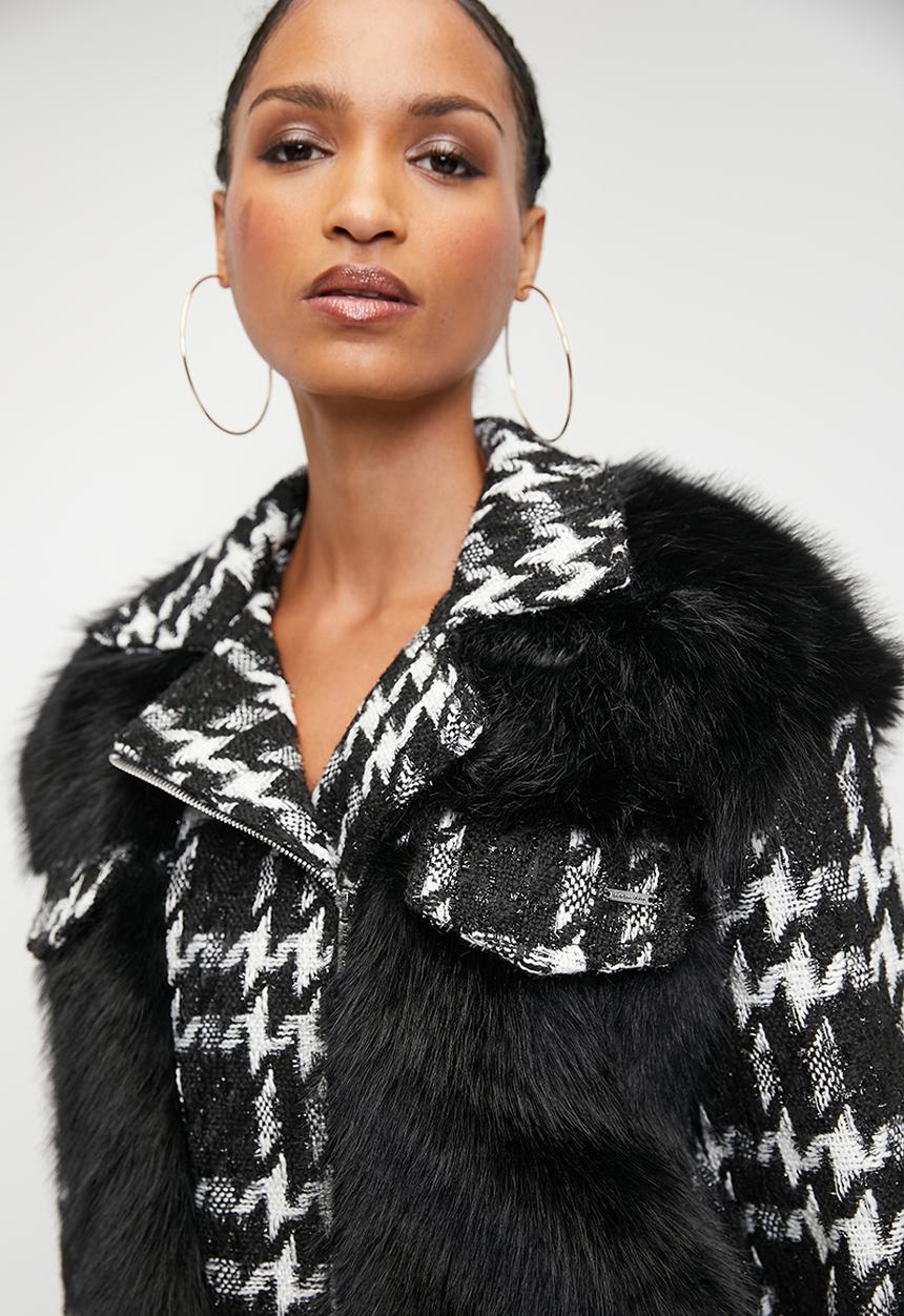 SISSY BOY - HOUNDING YOU: Houndstooth And Faux Fur Combination Jacket - Black / White