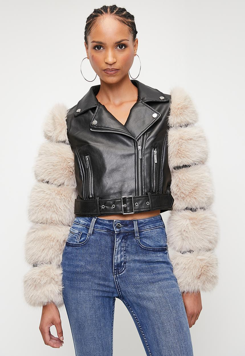 SISSY BOY - FESTIVAL:  Faux Leather Biker With Faux Fur Sleeve Combo Jacket - Black / Stone