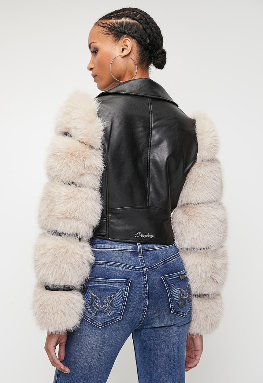 SISSY BOY - FESTIVAL:  Faux Leather Biker With Faux Fur Sleeve Combo Jacket - Black / Stone