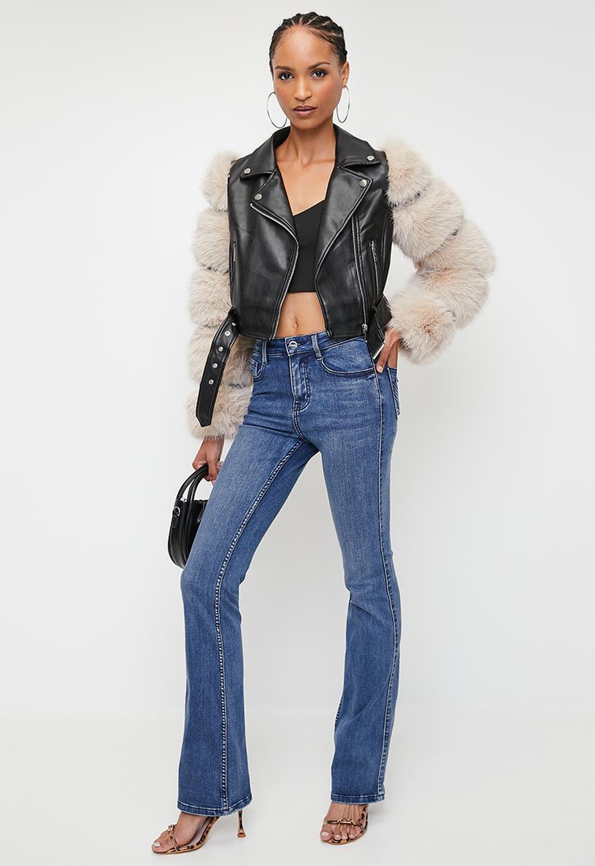 SISSY BOY - FESTIVAL:  Faux Leather Biker With Faux Fur Sleeve Combo Jacket - Black / Stone