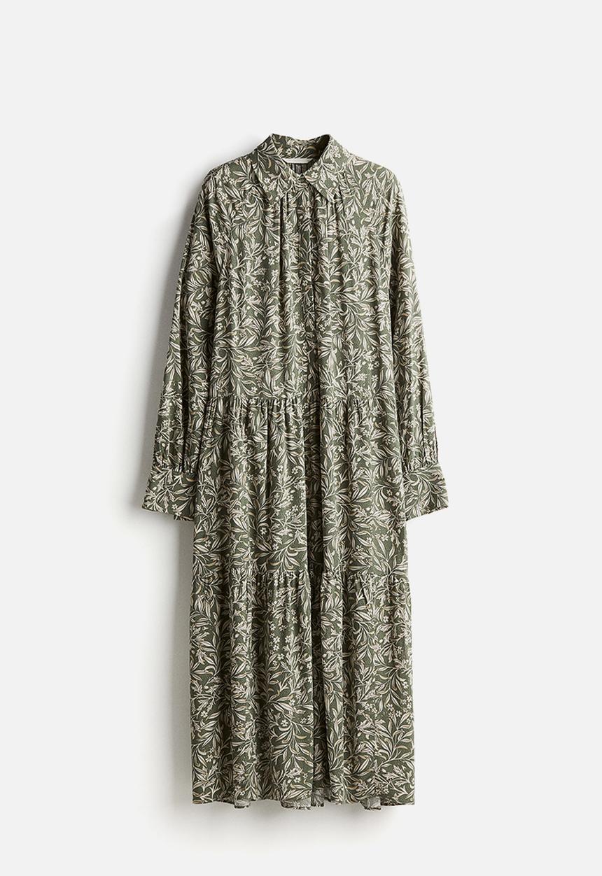 H&M - Midi shirt dress -  khaki green/patterned
