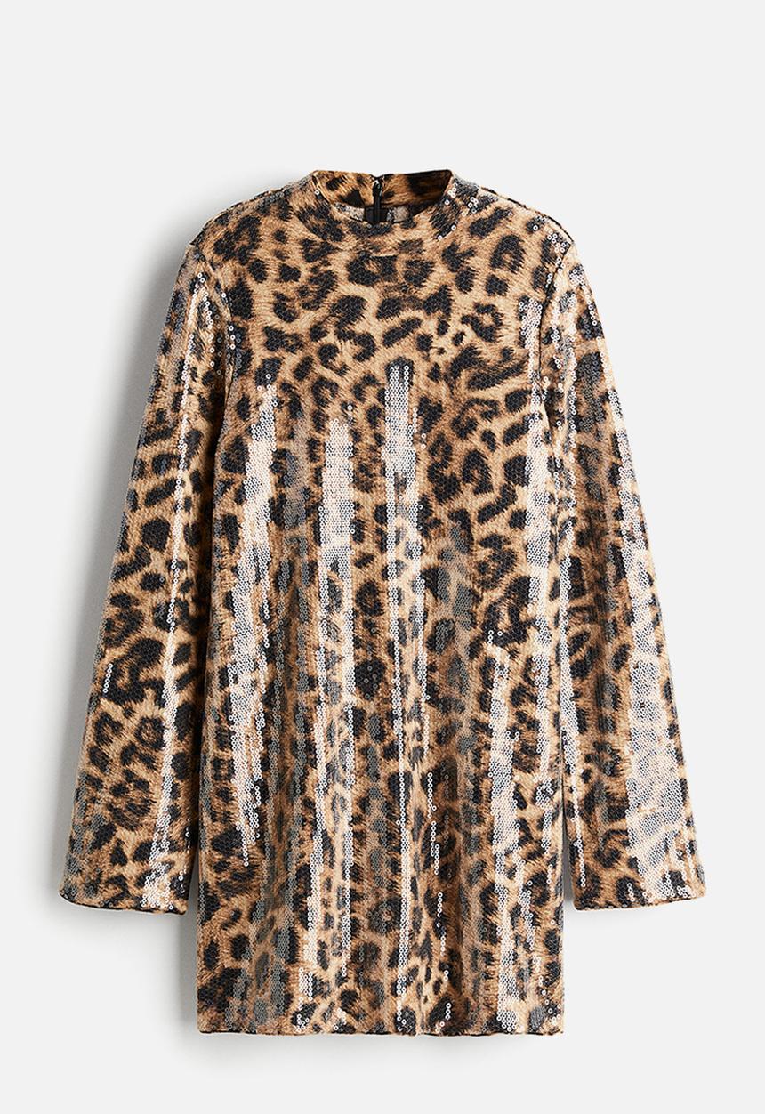 H&M - Sequined a-line dress - beige/leopard print 