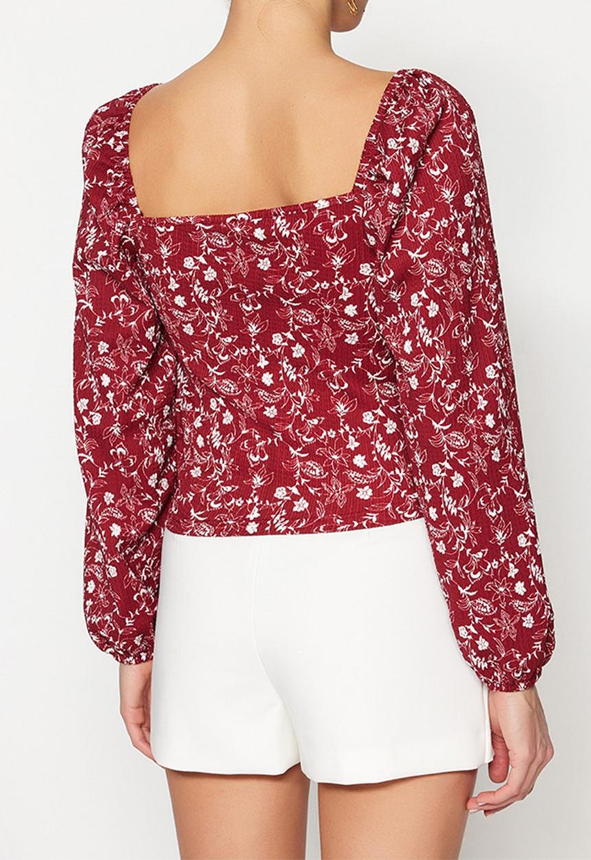 Trendyol - Textured Knitted Blouse - Red Floral Print