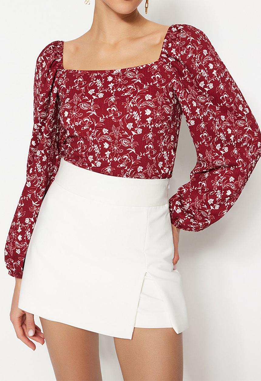 Trendyol - Textured Knitted Blouse - Red Floral Print