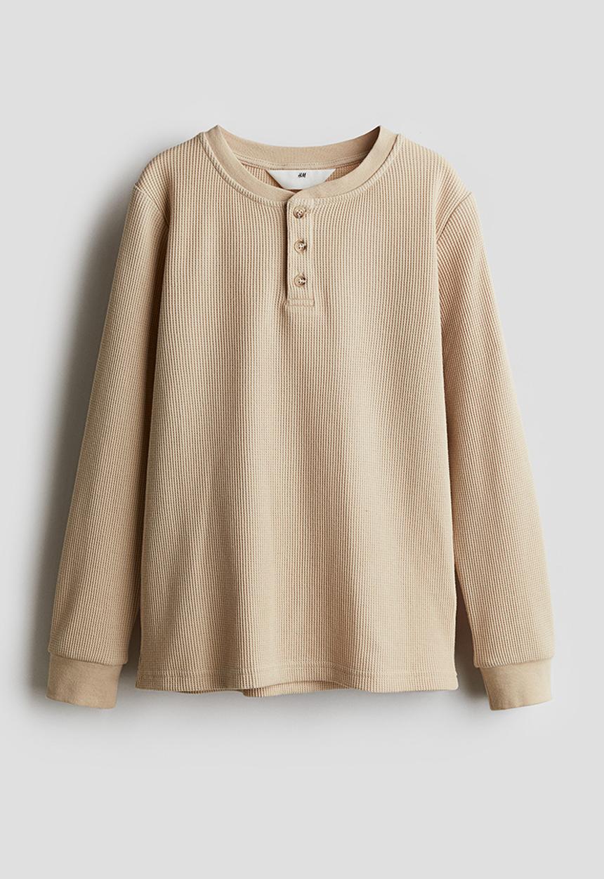 H&M - Waffled jersey henley top - beige