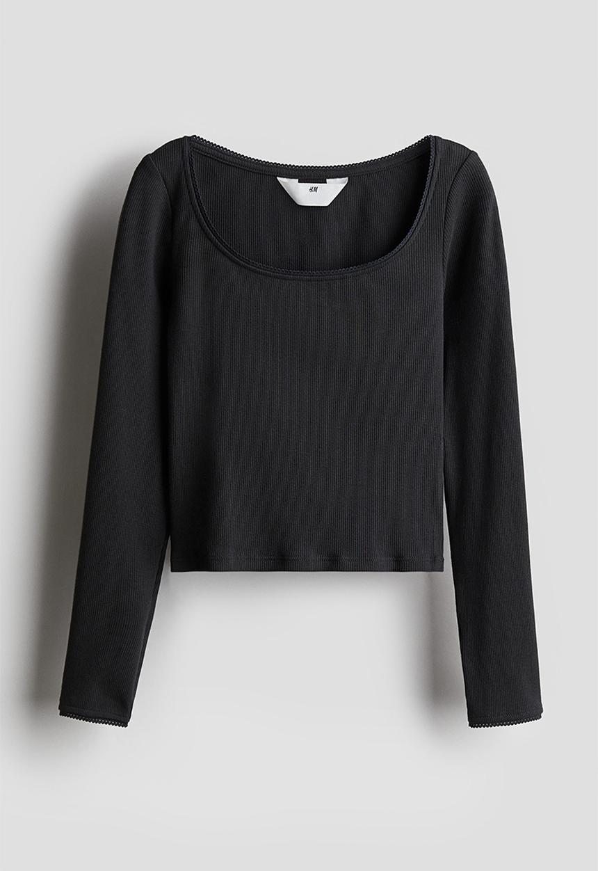 H&M - Picot-trimmed ribbed top - dark grey
