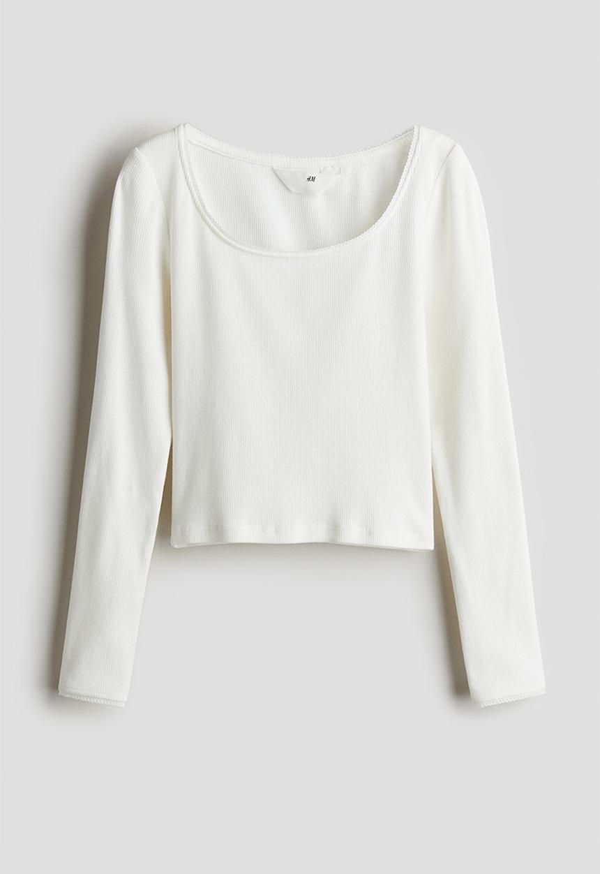 H&M - Picot-trimmed ribbed top - natural white