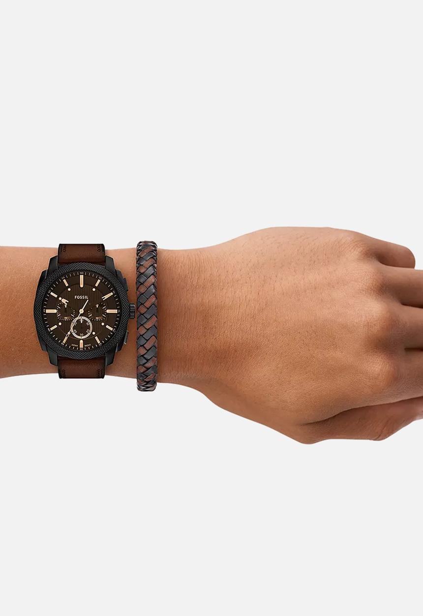 Fossil - Fossil mens machine chronograph watch and bracelet set - brown