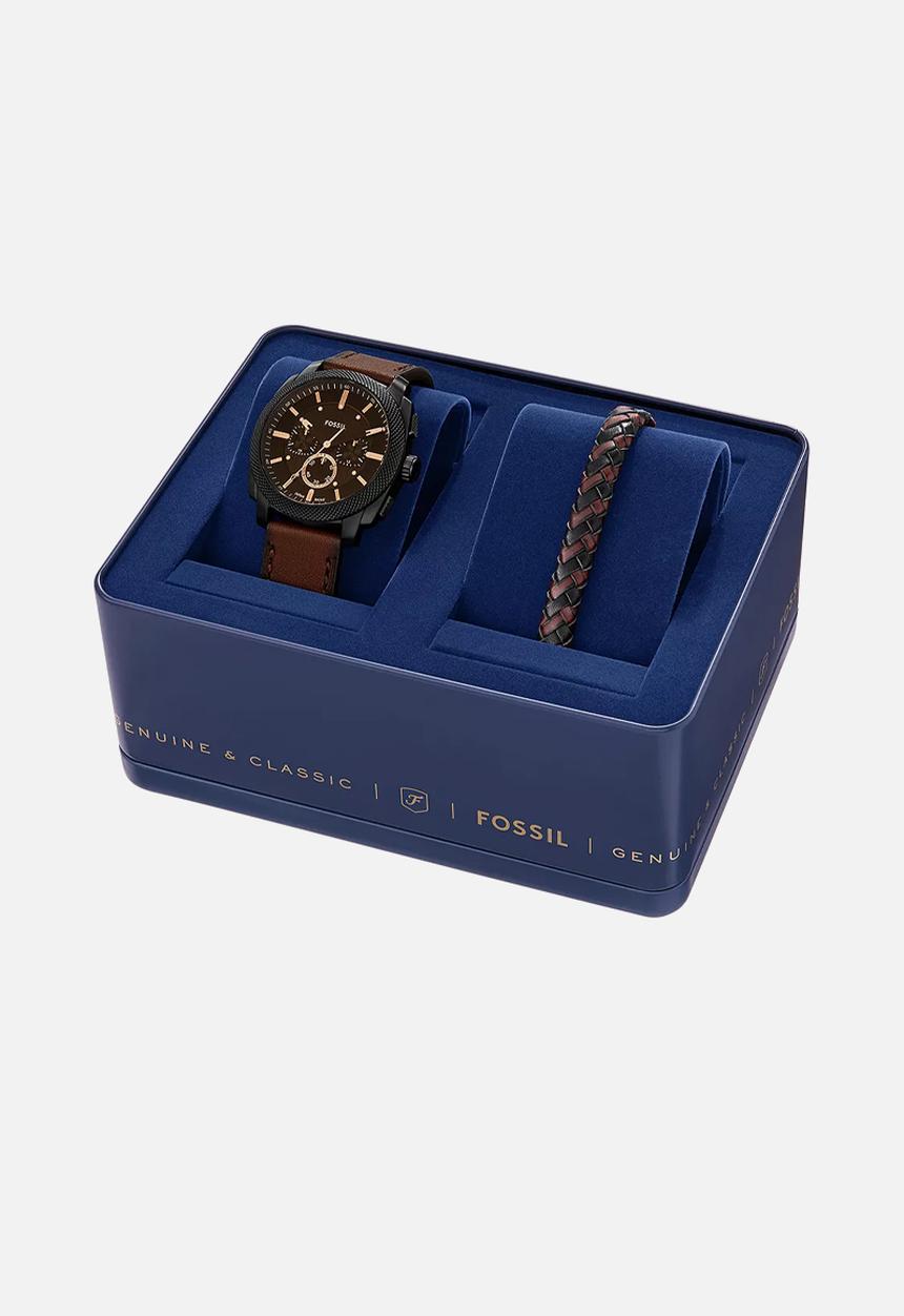 Fossil - Fossil mens machine chronograph watch and bracelet set - brown