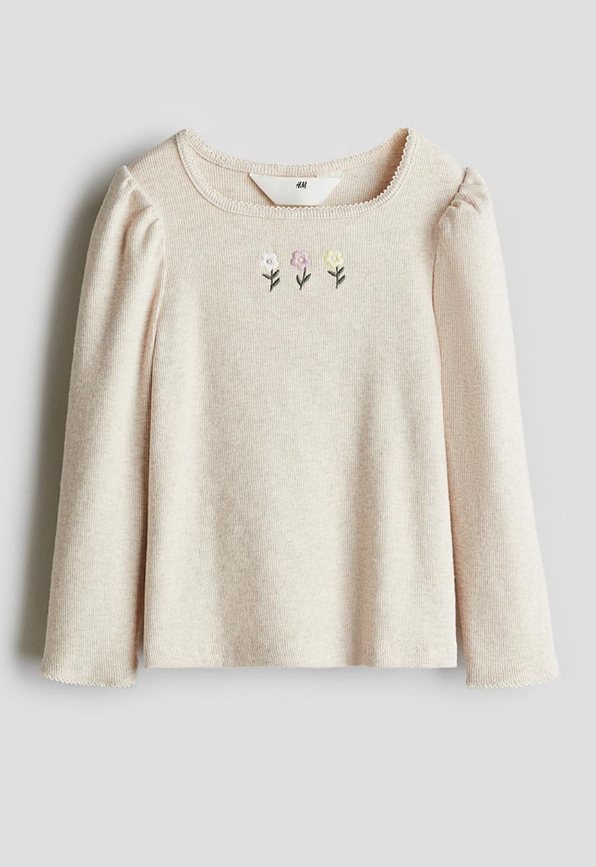 H&M - Picot-trimmed jersey top - light beige flowers