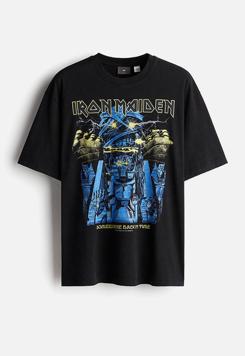 H&M - Loose fit vintage-look printed t-shirt - black/iron maiden