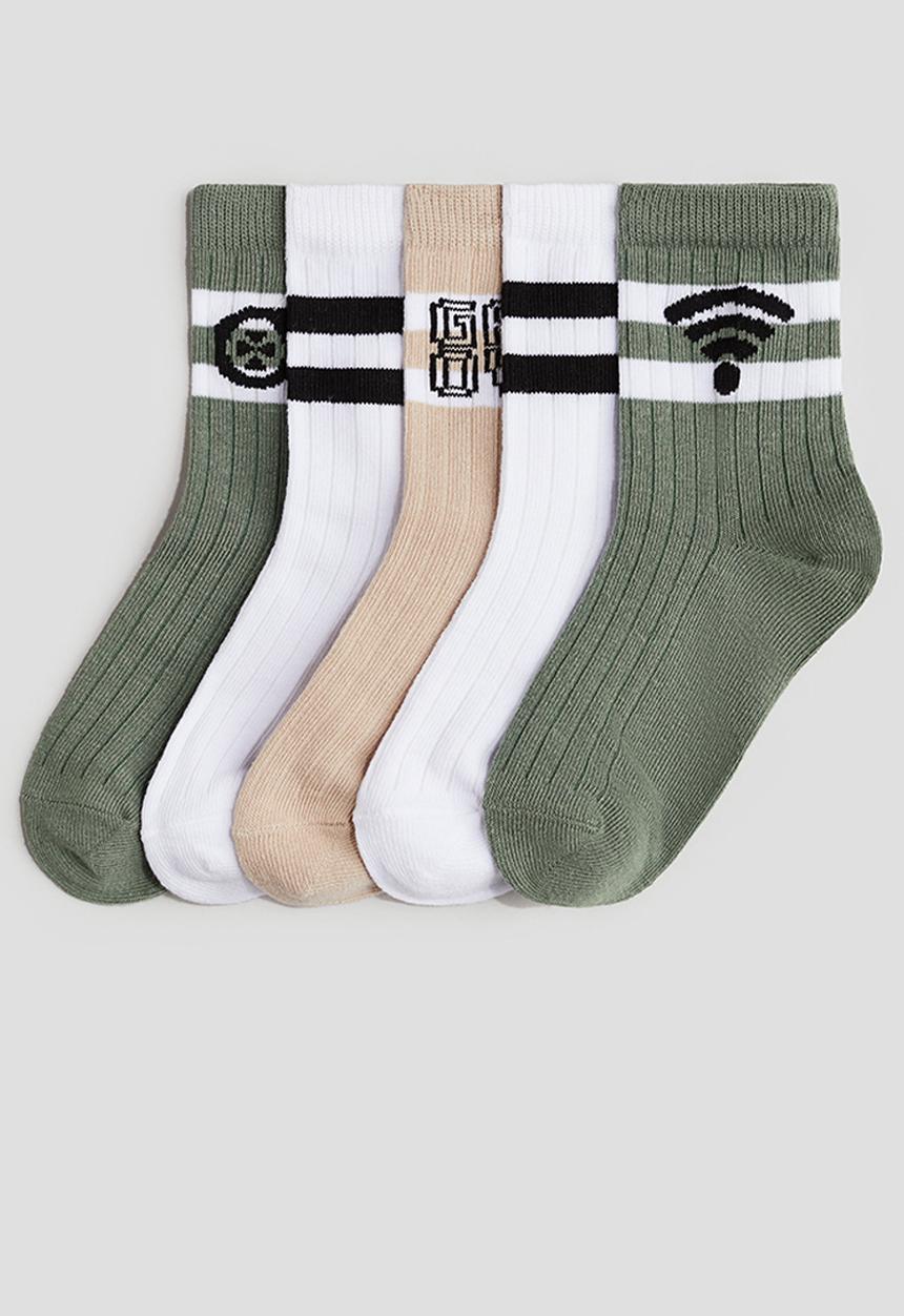 H&M - 5-Pack ribbed socks -  khaki green & game over