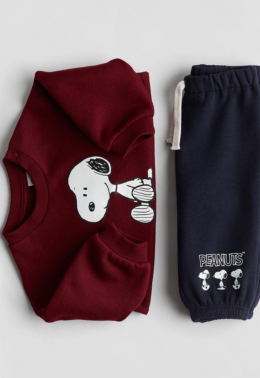 H&M - 2-piece motif-detail set - dark red/snoopy