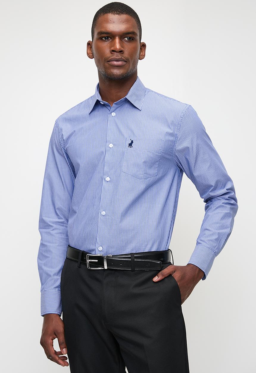 POLO - Mens Long Sleeve Pocket Stripe Work Shirt - Blue