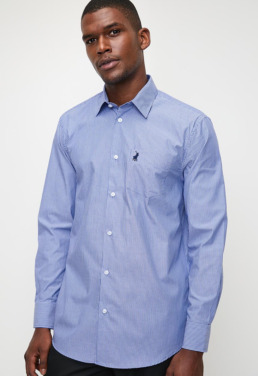 POLO - Mens Long Sleeve Pocket Stripe Work Shirt - Blue