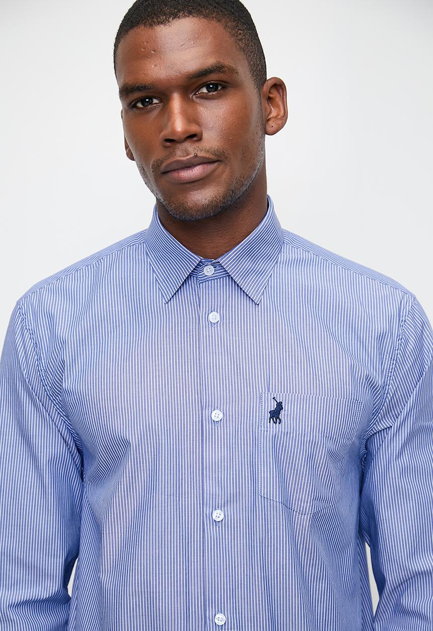 POLO - Mens Long Sleeve Pocket Stripe Work Shirt - Blue
