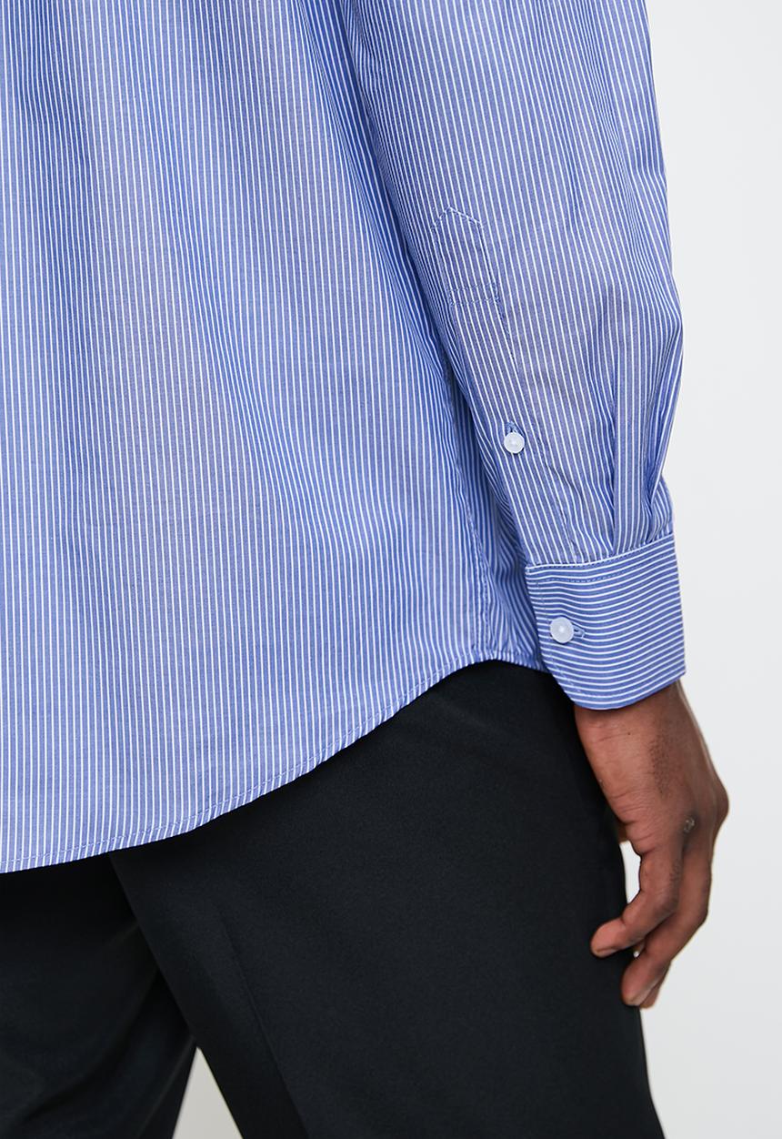 POLO - Mens Long Sleeve Pocket Stripe Work Shirt - Blue
