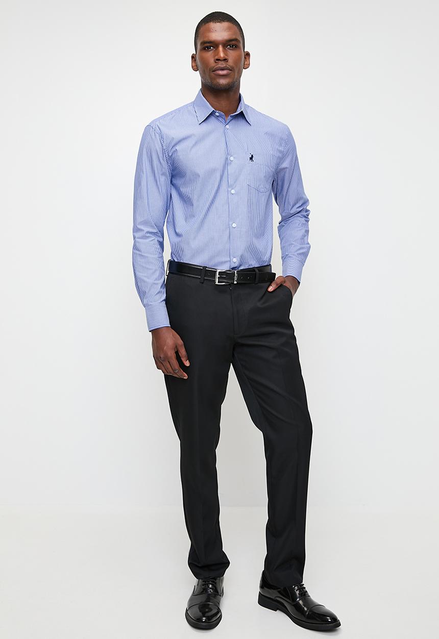 POLO - Mens Long Sleeve Pocket Stripe Work Shirt - Blue