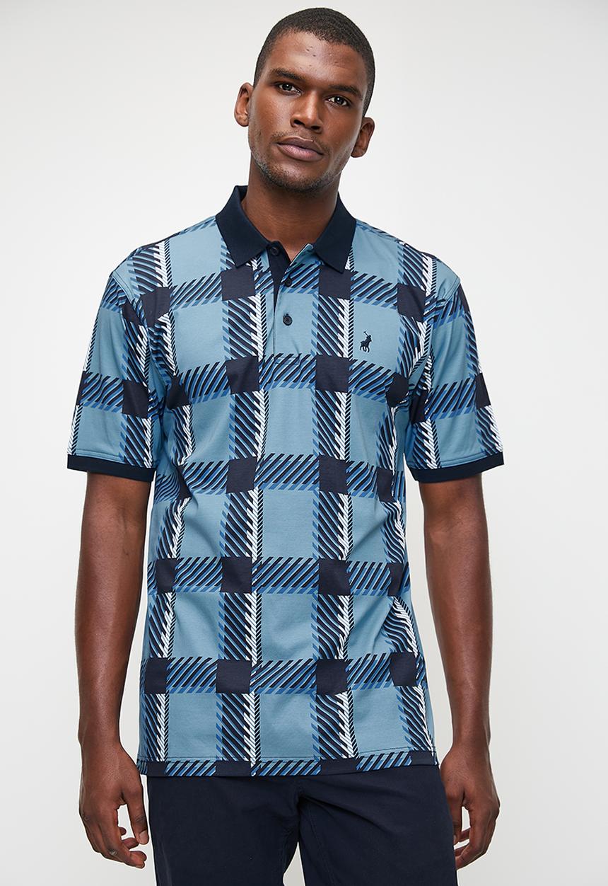 POLO - Mens Printed Check Dm Short Sleeve Golfer  - Blue