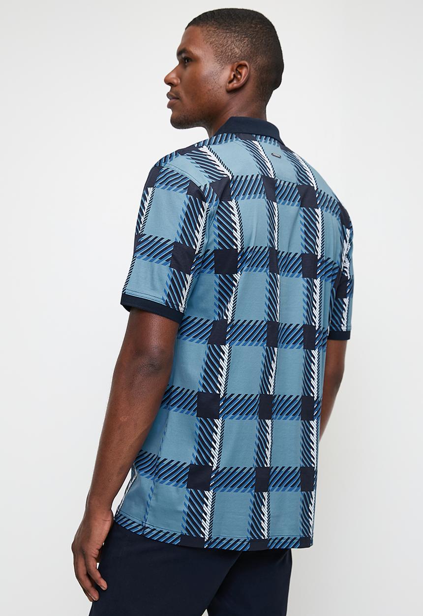 POLO - Mens Printed Check Dm Short Sleeve Golfer  - Blue