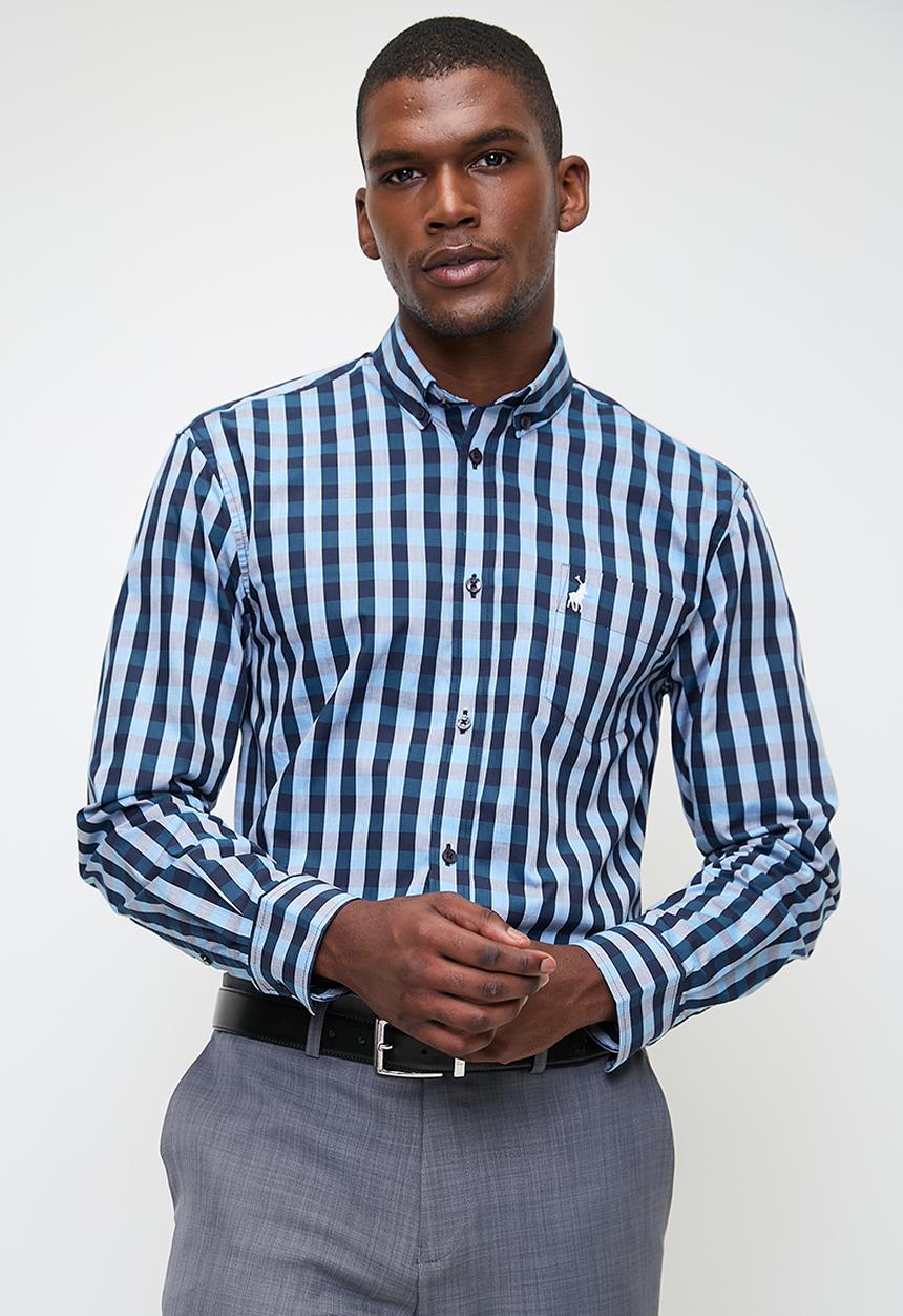 POLO - Mens Easy Care Check Long Sleeve Shirt - Blue