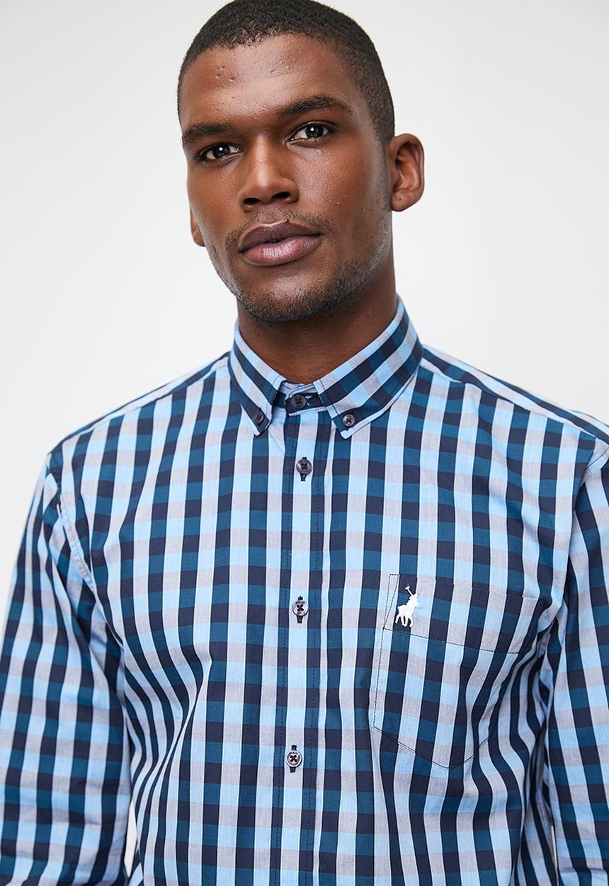 POLO - Mens Easy Care Check Long Sleeve Shirt - Blue