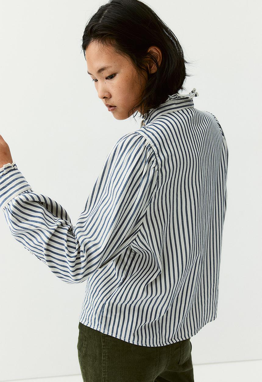 H&M - Frill-trimmed twill blouse - white & navy blue striped