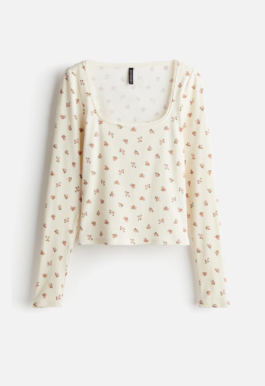 H&M - Picot-trimmed cotton top - light beige floral 