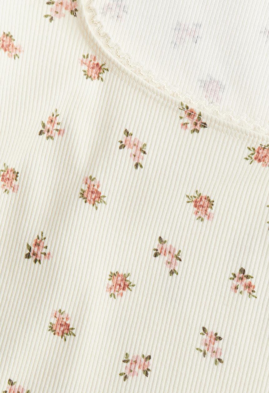 H&M - Picot-trimmed cotton top - light beige floral 