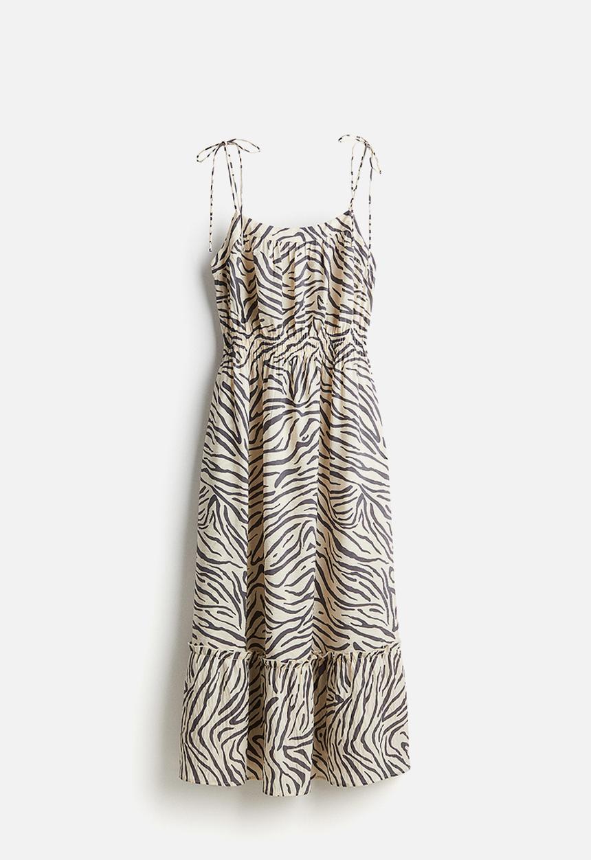H&M - Tie-strap midi dress - light beige zebra print