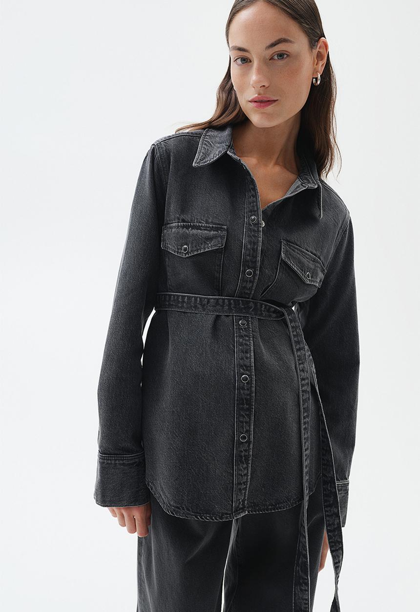 H&M - Mama tie-belt denim shirt - dark denim grey