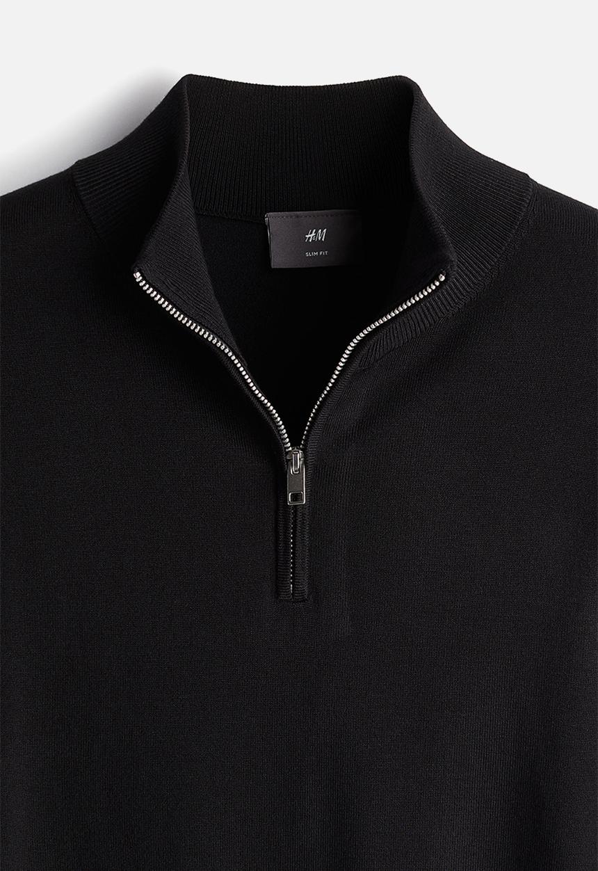 H&M - Slim fit zip-top fine-knit jumper - black