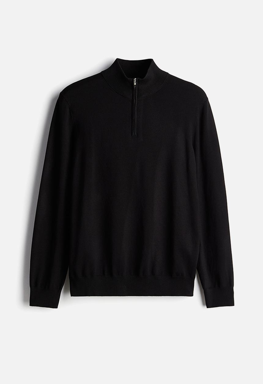 H&M - Slim fit zip-top fine-knit jumper - black