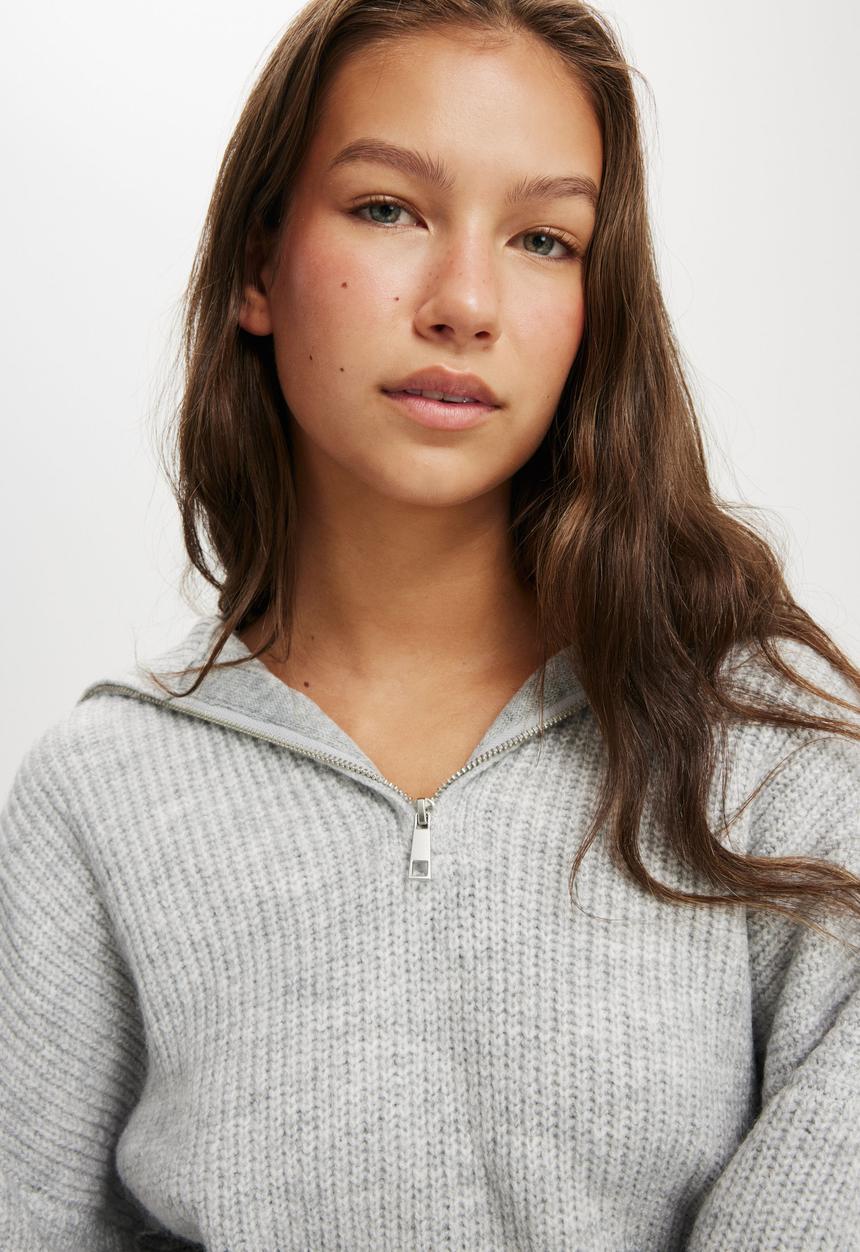 Cotton On - Luxe Half Zip Pullover - Grey Marle