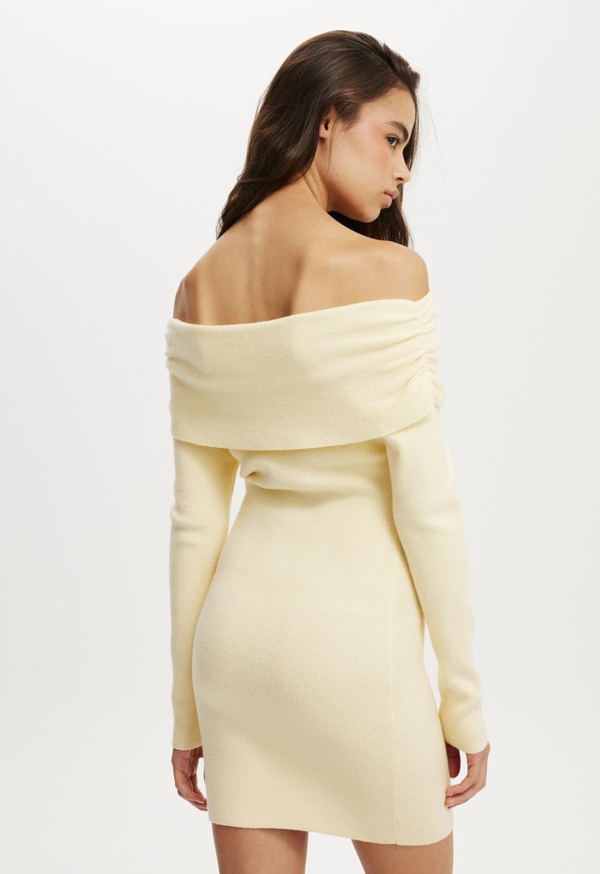 Cotton On - Everfine Gather Off Shoulder Mini Dress - Lemon Icing